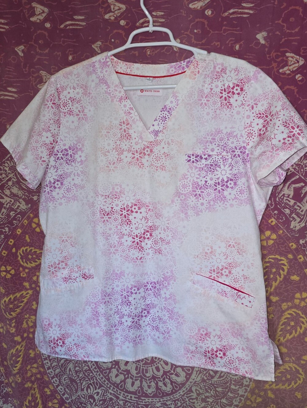 Womens White Cross Floral Scrub Top Large/ White- Pink- Purple